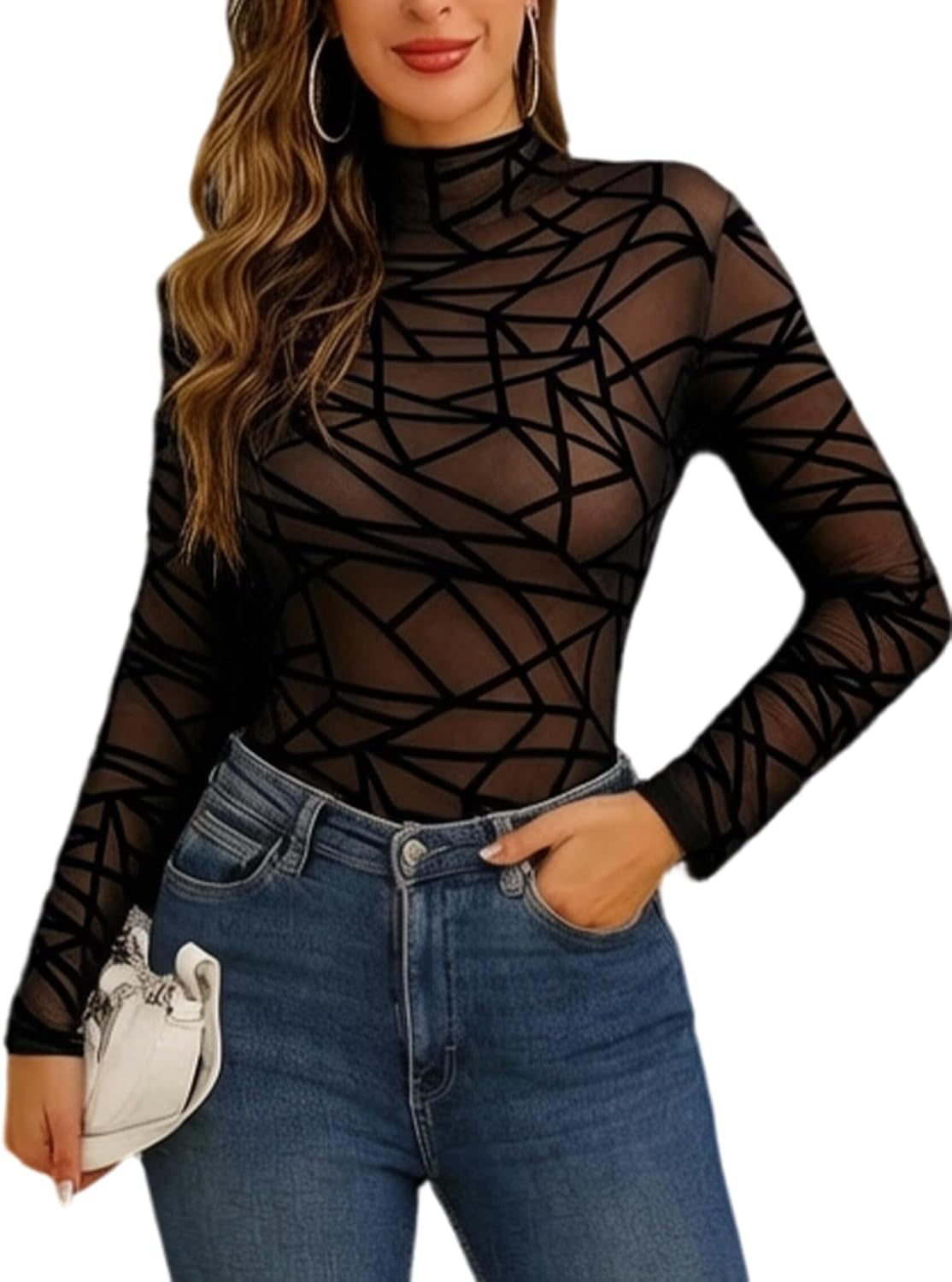 Long Sleeve Bodysuit for Women Mesh Bodysuit Turtleneck Sheer Tops Geo Print Leotards S-XXL